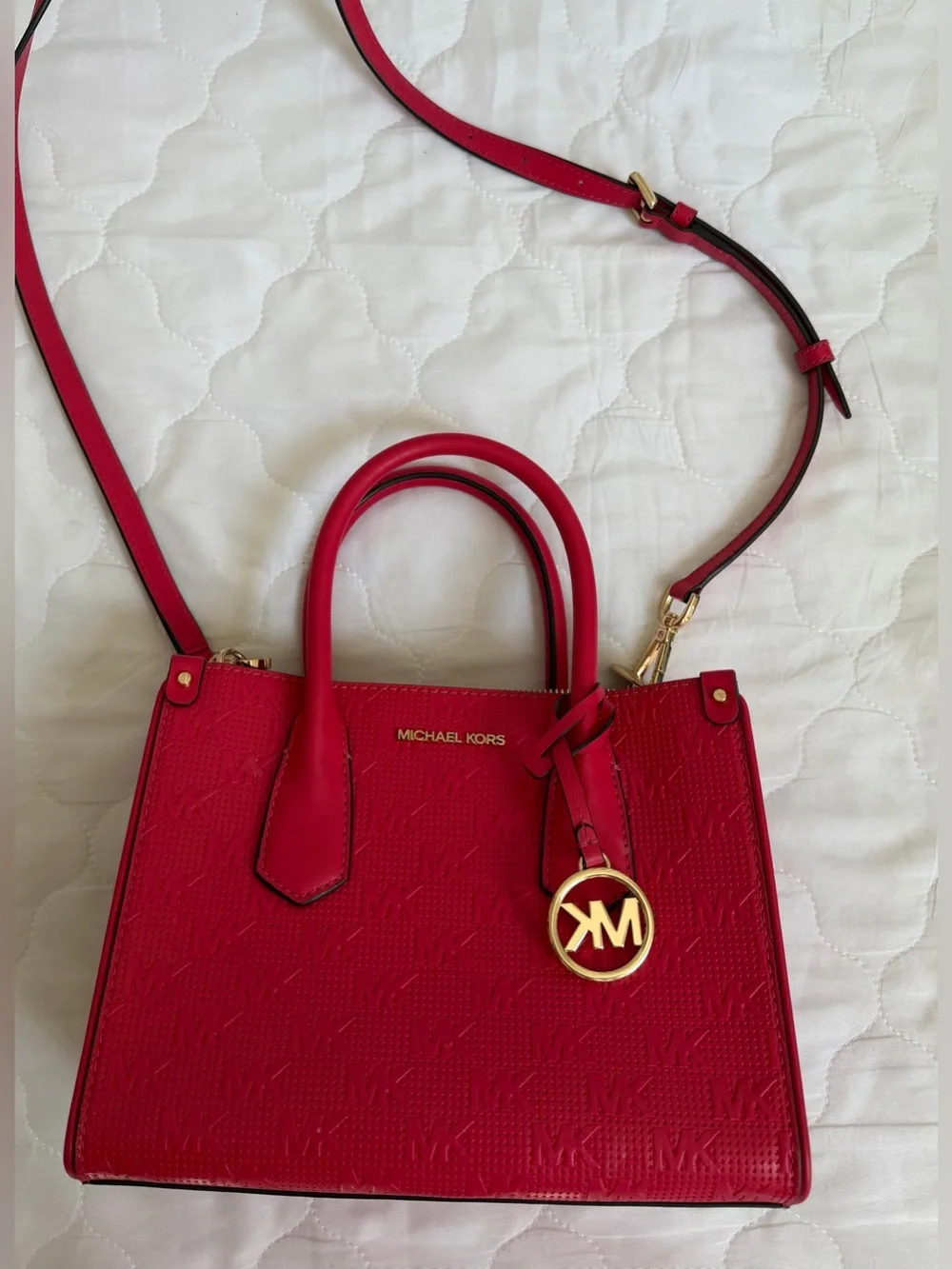 Michael Kors Medium Red Leather Satchel Crossbody Bag Gold Hardware